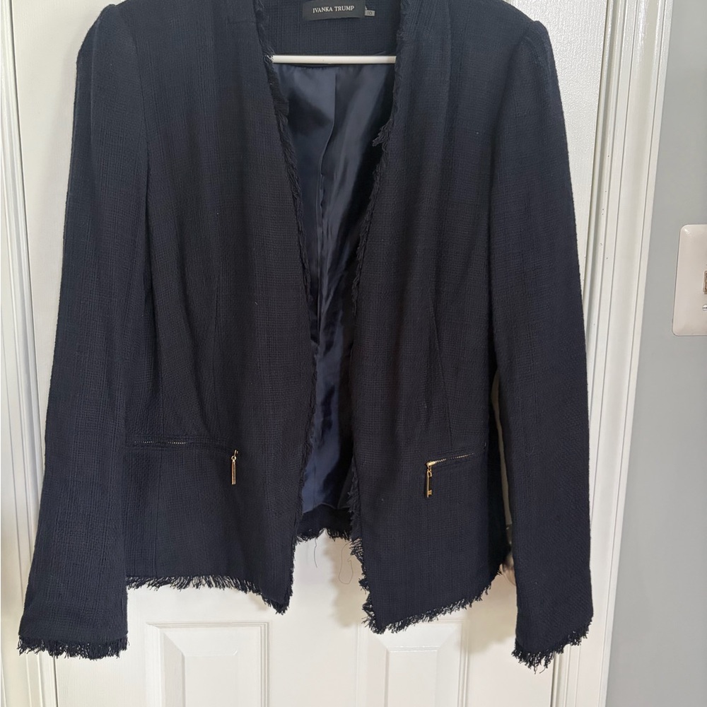 Ivanka Trump Navy Frayed-Edge Tweed Blazer with Gold Zipper Accents